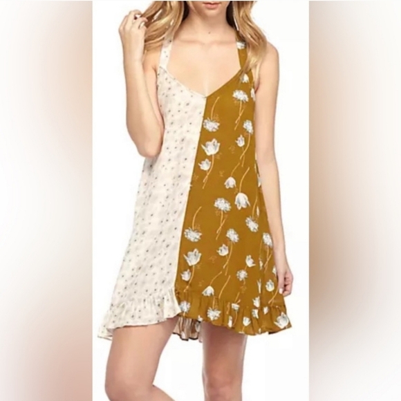 Intimately Free People Mixed Media Floral Boho Slip Dress in Mustard/White Small - Picture 1 of 9